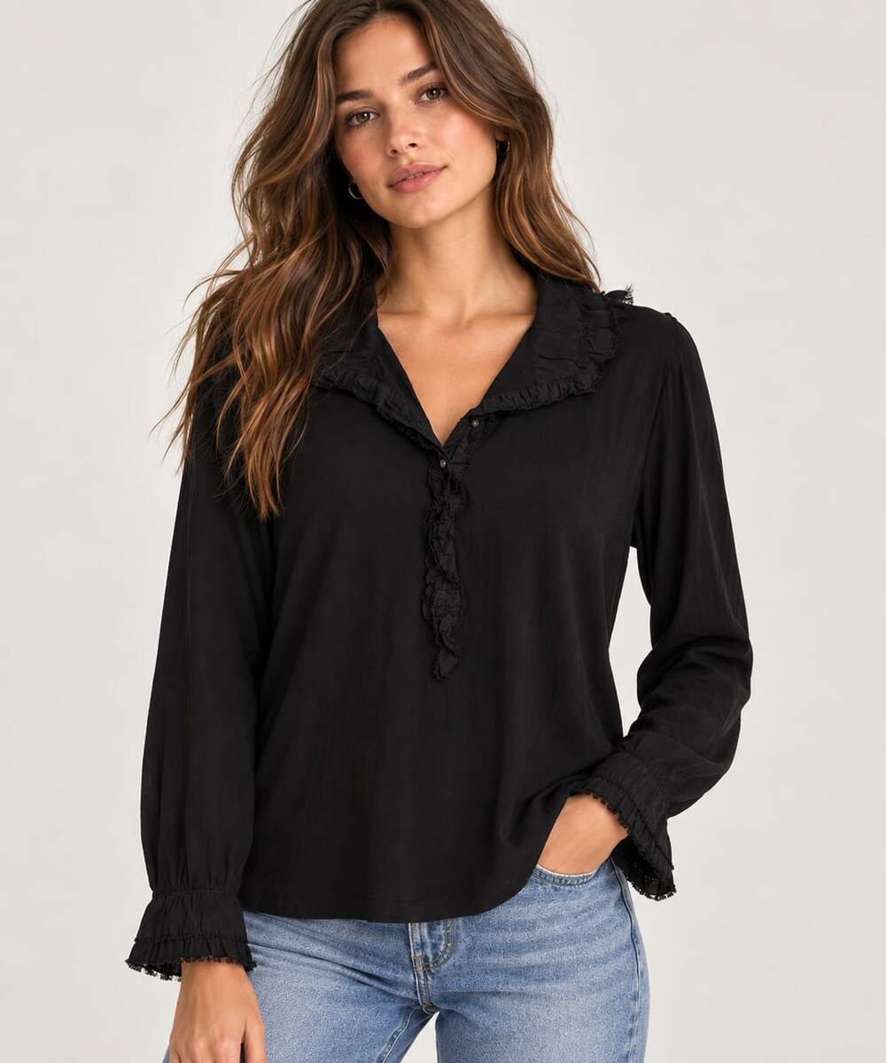 The Lauren Jeans Co Black Long Sleeve Ruffle Collar Cotton Blouse Size XL